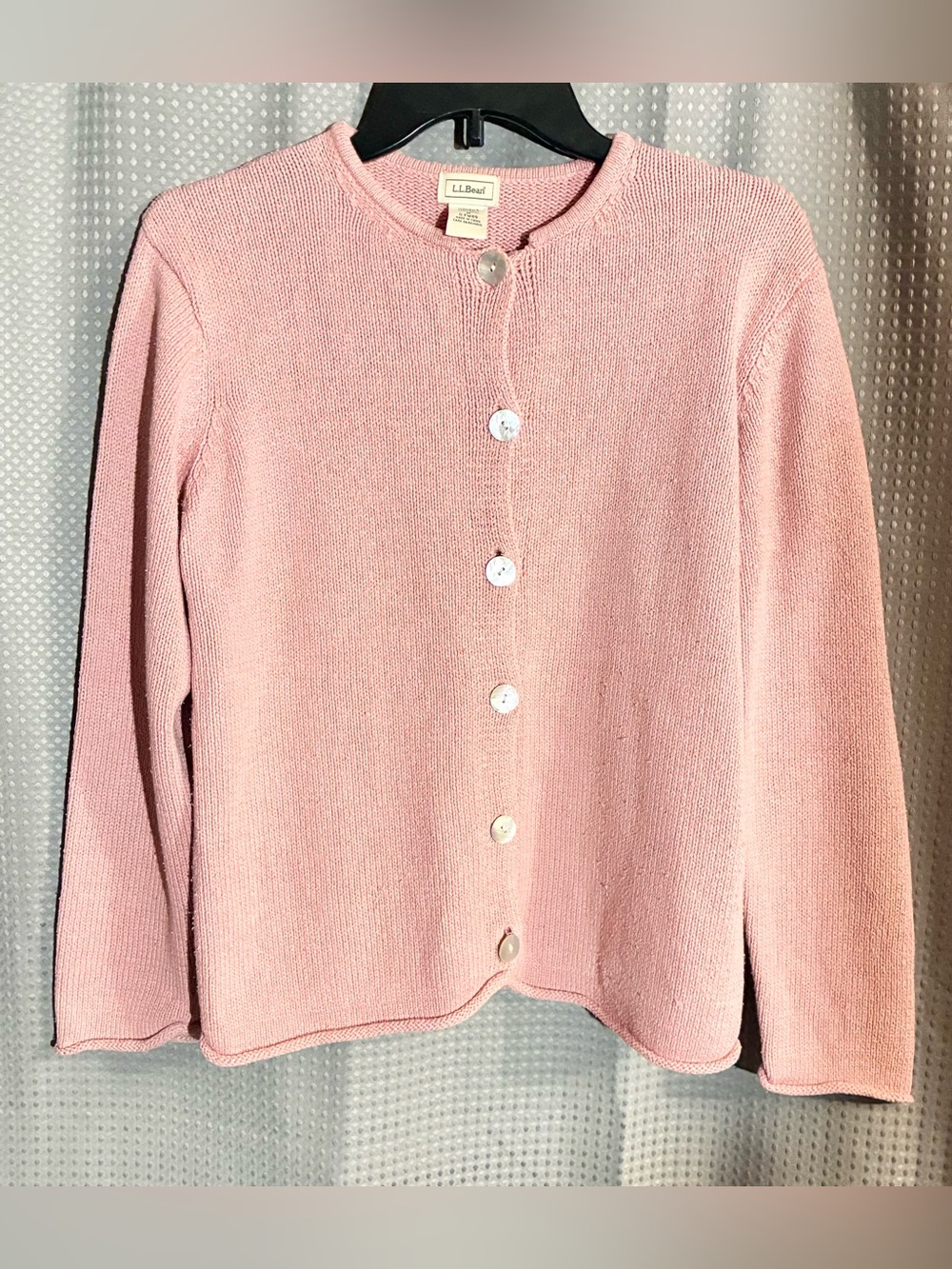 L.L. Bean Silk Blend Pink Button-Up Cardigan Sweater M Rolled Hemline vintage